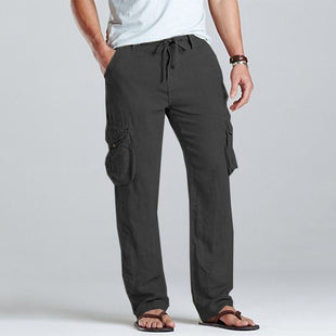 Men Linen Cargo Drawstring Pants
